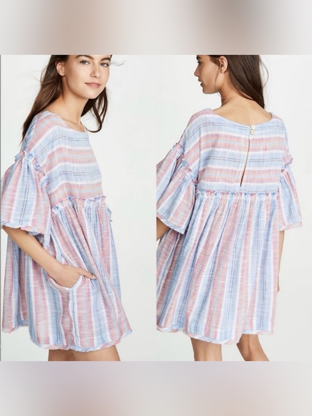 Free People Summer Nights Raw Hem Tattered Stripe Babydoll Shirt Dress, Size XS